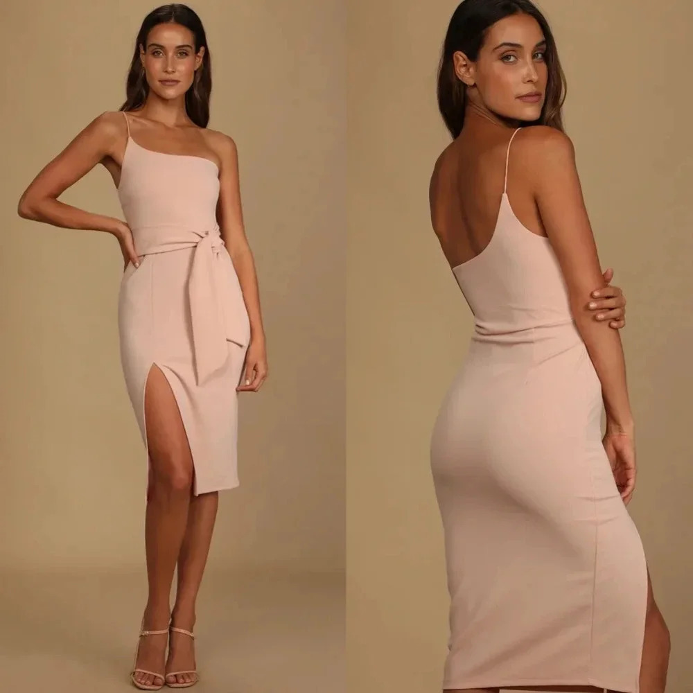 Lulu's Club Scene Blush Pink One-Shoulder Bodycon Midi Dress XL Wedding Party